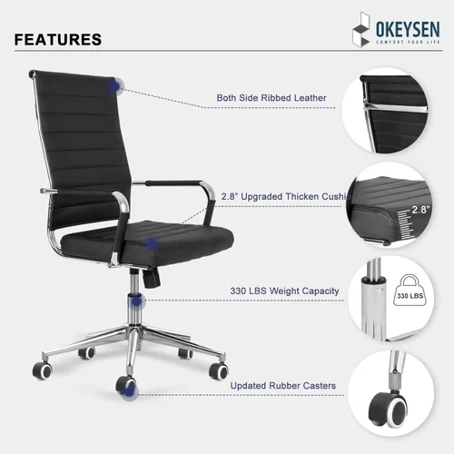 Miniatura 5 de Okeysen Sillas de sala de conferencias negras, silla ergonómica moderna de escritorio de piel sintética acanalada para oficina, silla giratoria