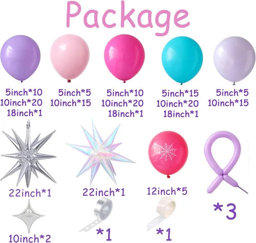 Miniatura 2 de PageebO Arco de globos con temática de araña, 153 globos con estampado de telaraña rosa, morado, azul, con explosión, globos de papel de aluminio