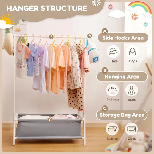 Miniatura 6 de Cozivolife Perchero de ropa para niños con caja de almacenamiento, soporte para vestir, soporte para ropa infantil con varillas para colgar, pequeño