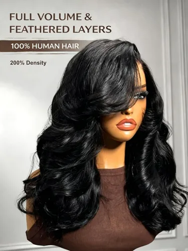 Miniatura 4 de UNICE Bye Bye Slip Peluca de Capas Emplumadas con Raya Lateral de Cabello Humano Sin Pegamento con Tiras de Silicona Seguras y Cordón Densidad 200%