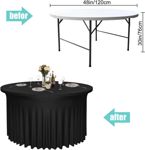 Miniatura 3 de Paquete de 2 faldones de mesa negros de 48 pulgadas de diámetro x 30 pulgadas de alto, se adapta a mesas redondas de 4 pies, manteles redondos
