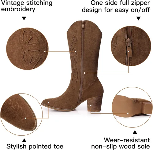 Miniatura 4 de SHIBEVER Botas vaqueras para mujer 2025 botas vaqueras negras a media pantorrilla, botas vaqueras bordadas occidentales de tacón alto con punta