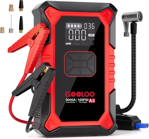 GOOLOO A3 Arrancador de Salto con Compresor de Aire, Arrancador de Batería de Coche Portátil 3000A (9.0 Gasolina/6.5L Diésel) con Inflador de