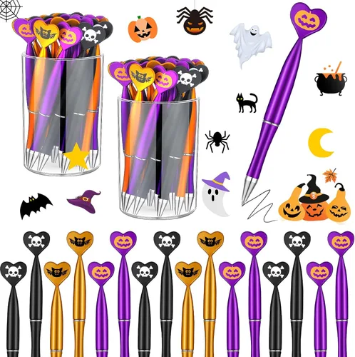 Miniatura 6 de Teling Paquete de 24 bolígrafos de Halloween con forma de calabaza, calavera, murciélago, corazón, 0.039 in, tinta negra, bolígrafos retráctiles
