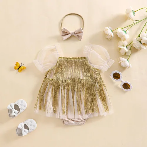 Miniatura 30 de Sasaerucure Traje de verano para bebé niña, sin mangas, mameluco de encaje tutú, mameluco de una pieza con volantes
