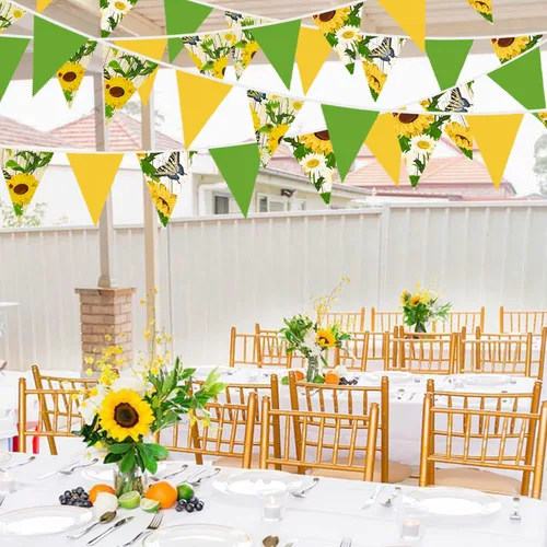 Miniatura 5 de Banderín amarillo y verde de 32 pies con banderines de tela de girasol, mariposa, triangular, guirnalda para decoración de fiesta de primavera