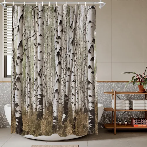 Miniatura 17 de TheBlackSpot Juego de cortinas de ducha de bosque rústico de granja, diseño botánico abstracto, abedul, naturaleza, juego de cortinas de baño