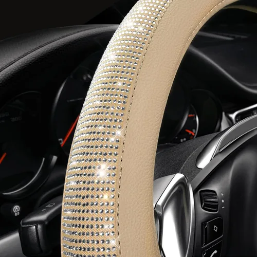 Miniatura 2 de CAR PASS Funda para volante de cuero beige con diamantes brillantes, cristales blancos brillantes con purpurina y pedrería, ajuste universal de 14