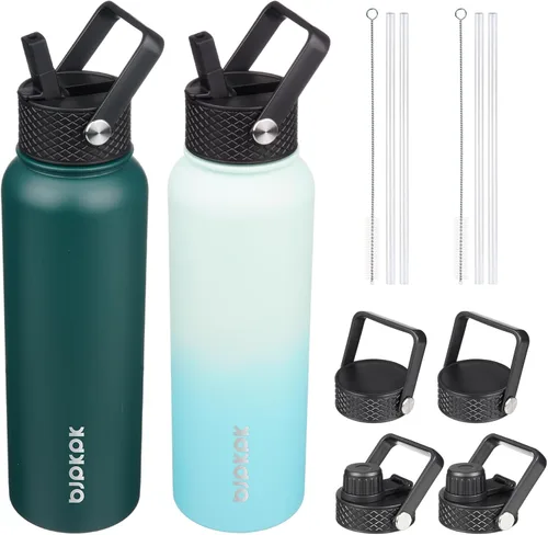 Miniatura 30 de BJPKPK Paquete de 2 botellas de agua aisladas con tapas con pajita, botella de agua de metal de acero inoxidable de 18oz con 6 tapas, jarras a