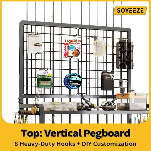 Miniatura 4 de SOYEEZE Soportes para cañas de pescar de gran tamaño para garaje, estante para cañas de pescar de servicio pesado de 3 niveles con tablero perforado
