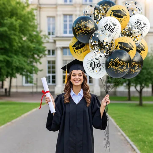 Miniatura 2 de Paquete de 78 globos de graduación 2026, decoraciones de graduación, globos de graduación de 12 pulgadas de oro negro con cintas para decoraciones