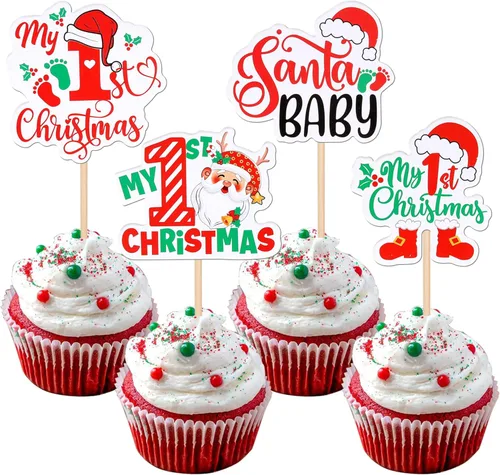 Miniatura 24 de 24 piezas de adornos para cupcakes de Navidad dorados verdes y rojos con purpurina, Papá Noel, árbol de Navidad, adornos para cupcakes para el tema