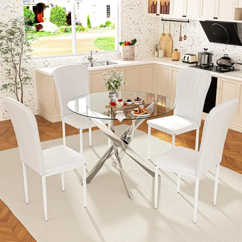 Miniatura 3 de Set de mesa de comedor redonda QJZLXKYT para 4, mesa moderna de comedor de vidrio con sillas, juego de mesa y sillas de cocina de 5 piezas