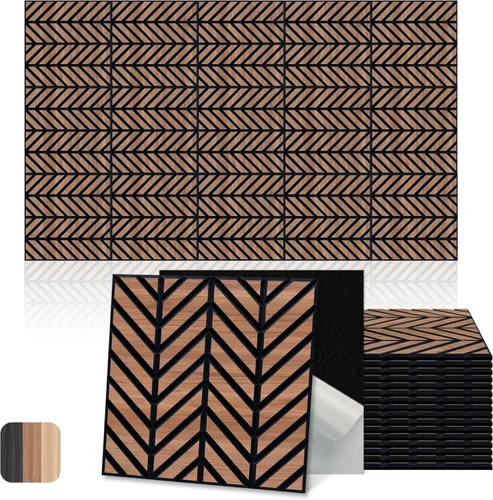 Mollywell Paneles acústicos, decoración de grano de madera de PVC, azulejos de pared con patrón tallado de 12 x 12 pulgadas, autoadhesivos para