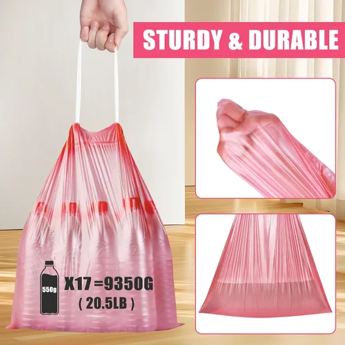 Miniatura 4 de Bolsas de basura de 4 galones con cordón, 100 unidades, extra fuertes, pequeñas, sin perfume, para baño, baño, oficina, cocina, color rojo