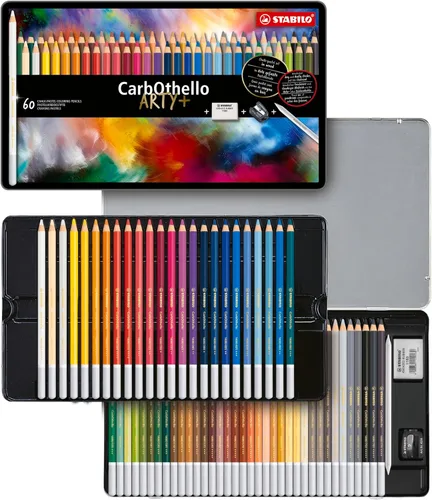 STABILO Lápiz de color CarbOthello ARTY de tiza pastel, juego de 60, goma de borrar, sacapuntas, mezclador - efectos de acuarela