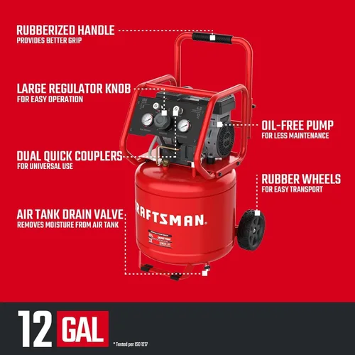 Miniatura 2 de CRAFTSMAN Compresor de aire de 12 galones ultra silencioso sin aceite de 1,5 HP, presión máxima de 150 PSI, tanque vertical