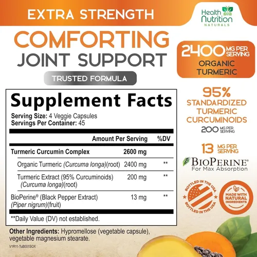 Miniatura 2 de Suplemento de curcumina de cúrcuma de 2600 mg – 95% curcuminoides con cúrcuma orgánica y pimienta negra BioPerine para una mejor absorción, apoyo