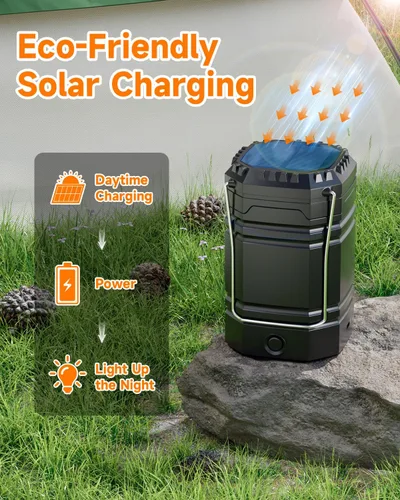 Miniatura 3 de Paquete de 4 faroles solares para campamento, linterna LED recargable con linterna, USB-C y funciona con energía solar, luces de emergencia