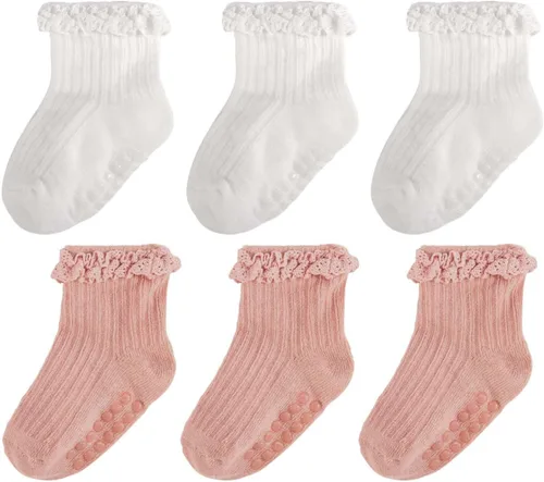 Miniatura 16 de Calcetines de Volantes para Niña Bebé, Calcetines Antideslizantes de Agarre para Niñas, Calcetines de Tobillo Frilly de Algodón Lindos para Niñas