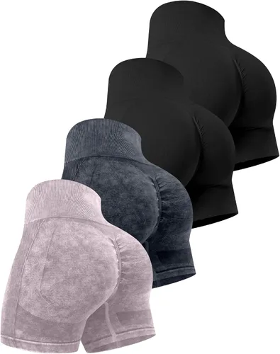 Miniatura 32 de CHRLEISURE Pantalones Cortos de Entrenamiento para Mujer, 4 Paquetes, Cintura Alta, Levantamiento de Glúteos con Fruncido, Pantalones Cortos Booty