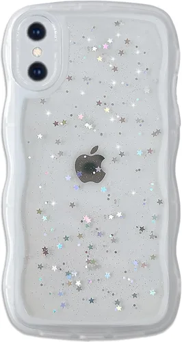 Miniatura 131 de Qokey Funda para iPhone 12 Pro Max de 6.7 pulgadas, diseño de onda rizada, borde transparente, brillante con purpurina, estrella brillante, bonita