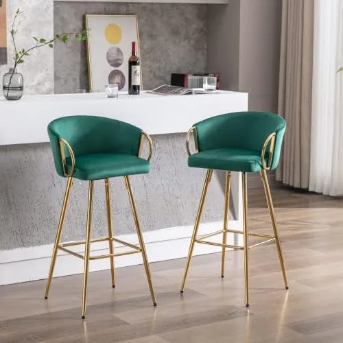Miniatura 10 de Taburetes de bar modernos de terciopelo, juego de 2 taburetes de bar con respaldo y reposapiés cromados, taburetes de bar altos con patas doradas