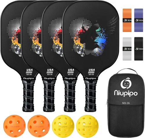 niupipo Pickleball Paddles Set of 2/4/1, USAPA Approved Carbon Fiber & Fiberglass Hybrid, Easy Power, Polypropylene Honeycomb Core, Cushioned 4.72"