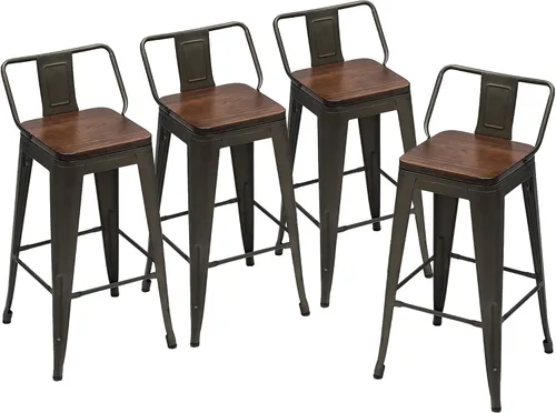 Miniatura 13 de Taburetes de bar de metal con respaldo, juego de 4 taburetes de altura de encimera de cocina con asiento de madera de 24 pulgadas, negro mate