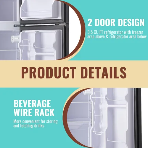 Miniatura 5 de WANAI Refrigerador pequeño con congelador de 3.5 pies cúbicos, mini refrigerador con congelador en la parte superior, doble puerta, pequeño Negro