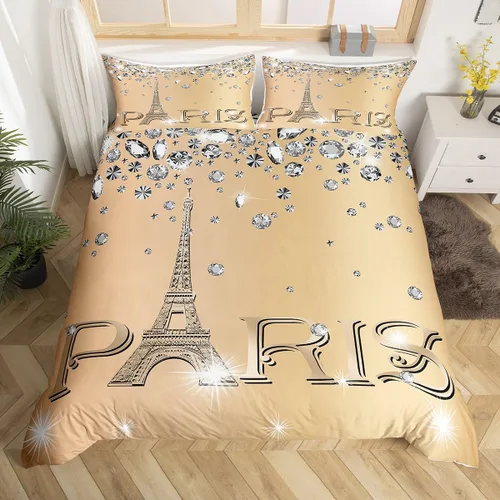 Miniatura 9 de Erosebridal Funda de edredón de la Torre Eiffel para niñas, juego de ropa de cama romántica de París azul, negro y blanco, funda de edredón