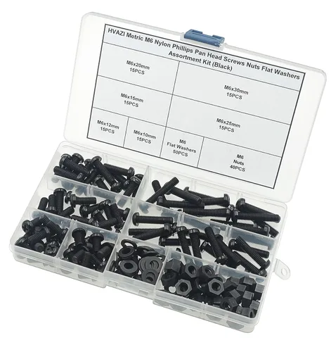Miniatura 6 de Juego surtido de tornillos métricos M6 de nylon Phillips de cabeza plana (negro)