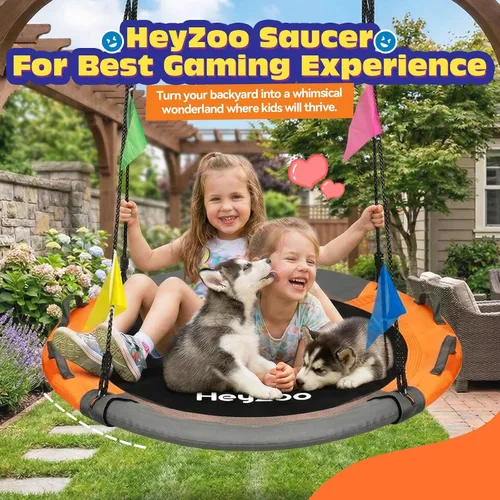 Miniatura 5 de HeyZoo Columpio de árbol de 43 pulgadas, juego de columpio de platillo de capacidad de peso de 900 libras para niños, viene con giro de 360 grados