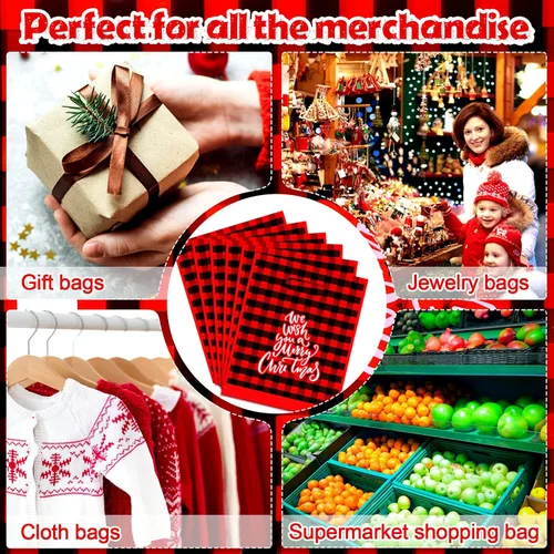 Miniatura 4 de Sadnyy Paquete de 100 bolsas de plástico para regalo de Navidad a granel, pequeñas bolsas de compras de Feliz Navidad, mercancía gruesa impresa al