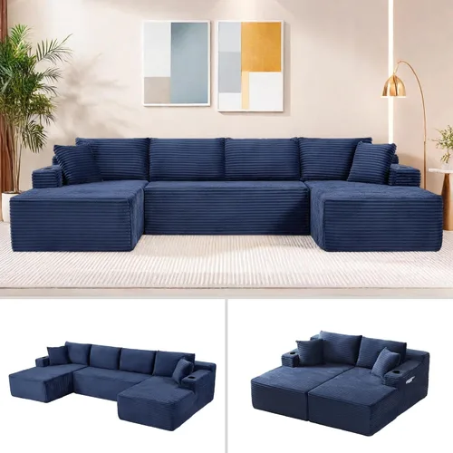 Miniatura 14 de Sofá cama modular en forma de U de 141.73 pulgadas, sofá de pana modular 6 en 1 con sensación suave como una nube, bolsa de almacenamiento