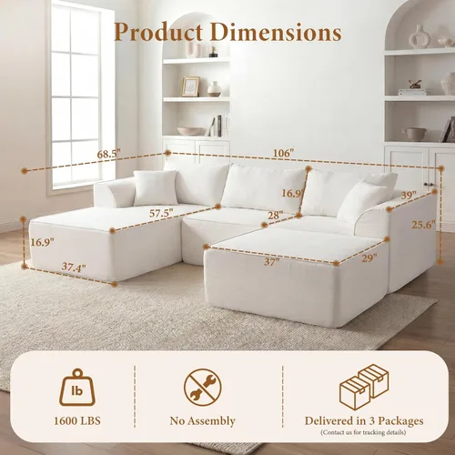 Miniatura 2 de Vesgantti 106" Boneless Couch with Chaise, U Shaped Deep Seat Comfy Cloud Modular Sofa Chenille Memory Foam Sectional Couches for Living Room