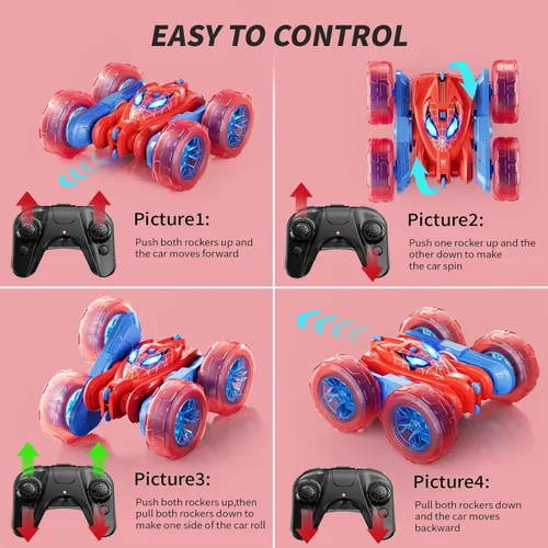 Miniatura 6 de Coche de control remoto de araña, RC de acrobacias de 360° para niños de 6 a 12 años de edad, rotación de doble cara, 4WD, luces de ruedas geniales