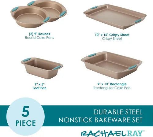 Miniatura 3 de Recipientes para horno Rachael Ray, set de 5 piezas antiadherentes, Azul agave Latte Brown con Puños Azul Agave