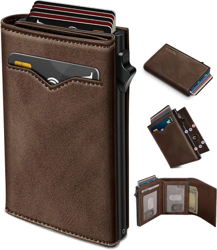 Miniatura 11 de Cartera miyozi para hombre, con bolsillo para efectivo, 2 ventanas para identificación, 9-13 ranuras para tarjetas, estuche metálico, elegante