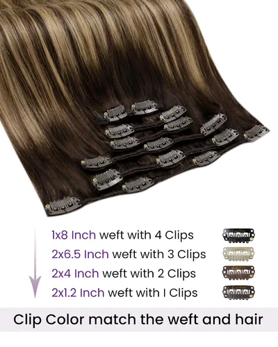 Miniatura 3 de LaaVoo Extensiones de Cabello con Clip Ombre Cabello Humano Real 16 Pulgadas Extensiones de Cabello Humano con Clip Marrón Oscuro a Marrón Caramelo