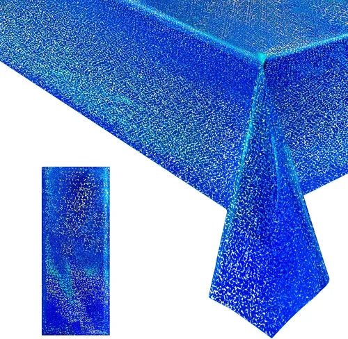 Miniatura 55 de 4 piezas de mantel de fiesta azul real holográfico de 40" x 108" con iridiscencia, mantel de plástico azul marino brillante para graduación, 4