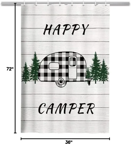 Miniatura 5 de MERCHR Happy Camper - Cortina de ducha para caravana, remolque a cuadros de búfalo con árboles en casa de campo, tela de madera gris rústica