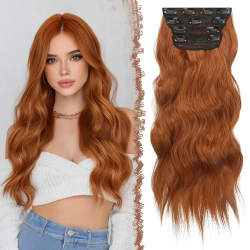 Miniatura 24 de FESHFEN Extensiones de cabello con clip - 4 piezas Extensiones de cabello sintético ondulado largo y grueso con clip para cabeza completa