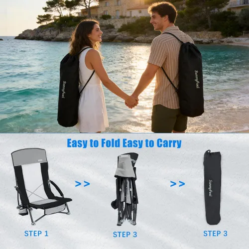 Miniatura 7 de SUNNYFEEL Silla de playa baja – Sillas de playa plegables con respaldo alto para adultos con portavasos y bolsillo lateral, mochila ligera silla