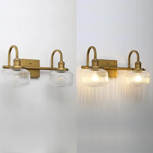 Miniatura 8 de Aplique de pared de vidrio de 2 luces con pantalla de globo a rayas transparentes, lámpara de pared de latón envejecido industrial para sala
