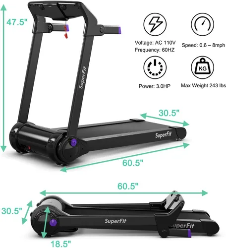 Miniatura 6 de GYMAX Caminadora plegable, máquina de correr de instalación gratuita de 3.0 HP con altavoz Bluetooth, monitor de pantalla táctil HD, control Púrpura