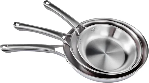 VINGLI Juego de sartenes de acero inoxidable de 8, 10 y 12 pulgadas, juego de sartenes de tres capas, sartén de chef no tóxica, sin PFOA ni PTFE,