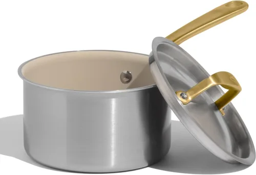 Made In Cookware - 2 QT CeramiClad Non Stick Saucepan with Lid (Antique Brass Handle) - 5-Ply Stainless Clad with Stay-Cool Handle - Professional