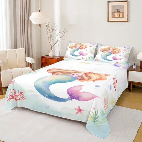 Miniatura 22 de Erosebridal Sábanas de sirena azul para niñas, juego de sábanas de unicornio lindo tamaño matrimonial, 4 piezas para niños, sábanas de arcoíris