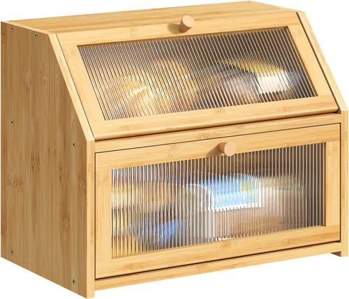 BMOSU Panera grande para encimera de cocina, panera de doble capa para encimera de cocina, panera de madera de bambú con capacidad de almacenamiento